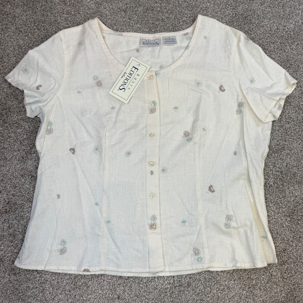 Vintage Basic Editions Naturals Linen Cotton Floral Embroidered Blouse XL NEW